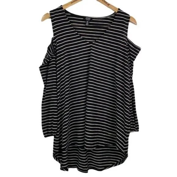 JONES NEW YORK WOMEN'S BLACK/WHITE STRIPED COLD SHOULDER TUNIC SIZE LARGE-EUC - Picture 1 of 8